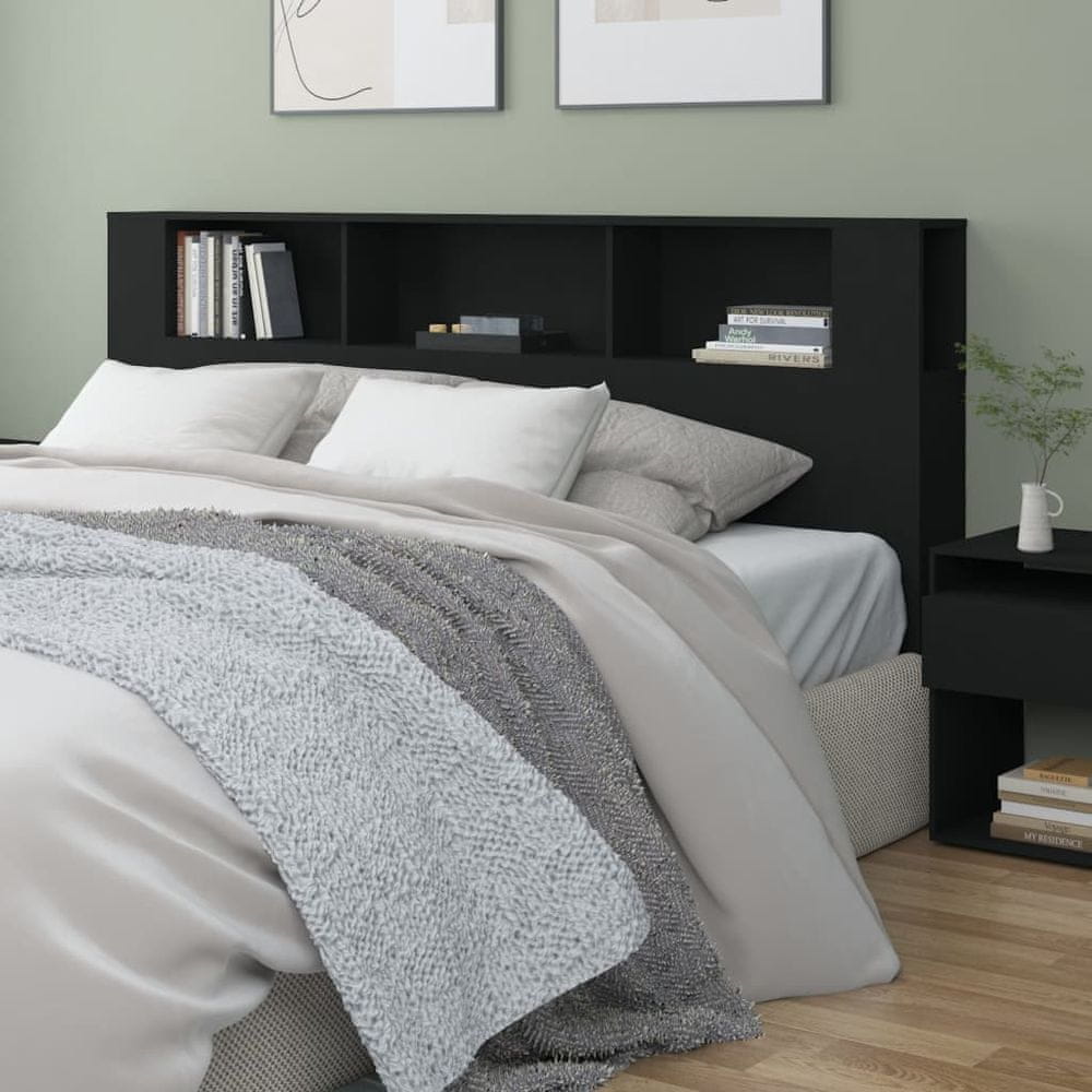 Vidaxl Čelo postele s policami, čierne, 200x18,5x104,5 cm